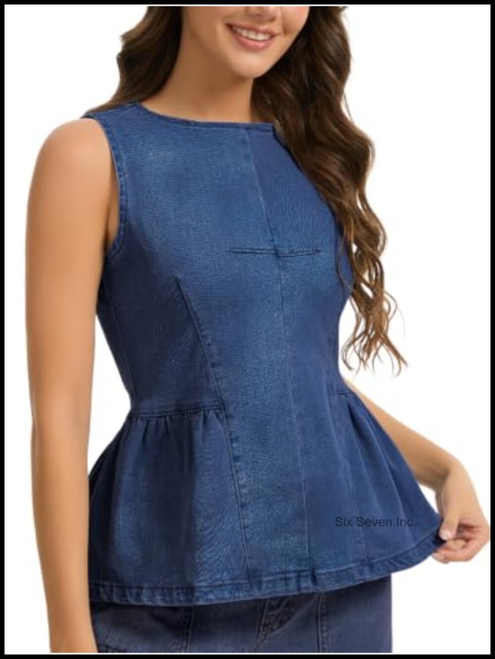 Denim Peplum Tank Top Crew Neck Sleeveless Back Zipper Fitted Casual